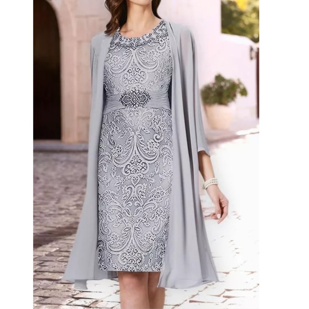 NEW Floryday Silver Gray 2 Piece Brocade Sheath Dress Slinky Stretch Duster XXL